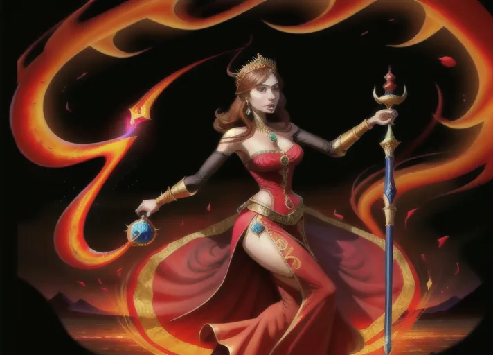 evil Arabic sorcerer Jafar of Agrabah dressed in black and red portrayed by Marwan Kenzari, uses his magic golden cobra staff to transform beautiful Nordic bright fiery auburn haired blue eyed Queen Anna of Arendelle portrayed by Elizabeth Lail into his loyal adoring harem dancer. photorealistic. <lora:dpmg_snake_coiling:1>