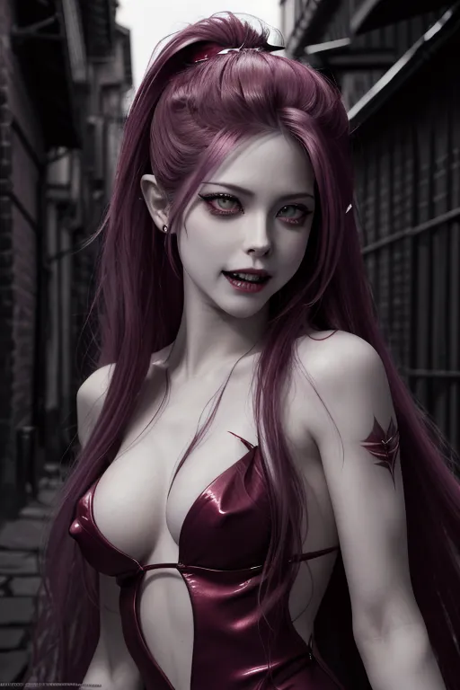 Avril Lavigne naked, ultra detailed face, 64k, vampire, sharp teeth, vampire teeth, red wine around mouth, menacing eyes, hungry expression, dark alley, body modification, ultra detailed body image, 4k, ultra realistic, photo realistic,