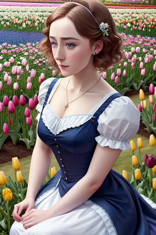 Dopamine Girl A Oil Painting Of Saoirse Ronan Wearing Maid Clothes Kneeing In A Tulip Garden