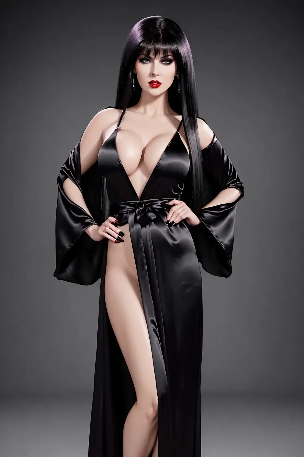A 8k resolution photo shot of, (Elvira mistress of the dark):1, ultra realistic, (tall black hive hairstyle):.9, (straight hair):.7, (pale skin):1, (strong and wide black eye make-up):.8, (grey eyes):.7, (open black satin robe):.4, (nude):.9