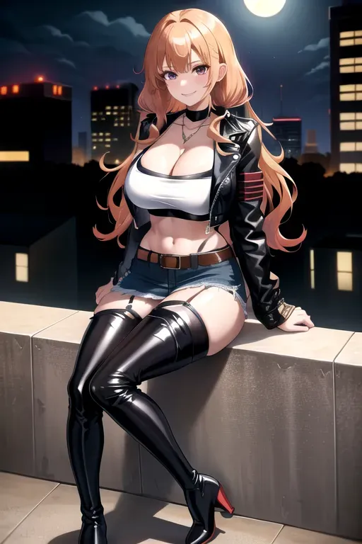 full body, strawberry blonde hair, brown eyes, short girl, denim miniskirt, black high heeled boots, looking at viewer, long hair, pale skin, silver necklace, black crop top, 24 years old, giant breasts, cute face, pov, wavy hair, city environment, Oklahoma City, wide eyes, erotic, skirt tug, leather jacket, nighttime, black backpack, slim body, low pigtails, sitting on wall, smiling, thigh high boots, cleavage