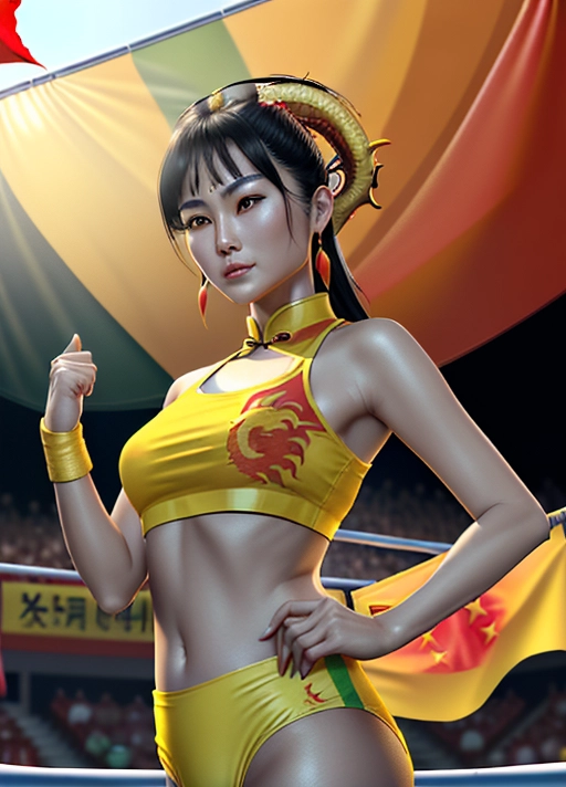 45 year old Asian woman, beautiful, alluring, arrogant, size 6, lean muscles, smooth round belly, yellow China-themed bikini, (((yellow crop top with large fierce red Chinese Dragon))), red wrestling boots, cowboy shot, inside a wrestling ring, VIP strip club audience, (((China flag hanging above the ring))), (((India flag hanging above the ring))), proud, defiant pose, ultrarealism, tanned skin, South Chinese, puffy lips, toned arms, love handles, small breasts, wide jaw