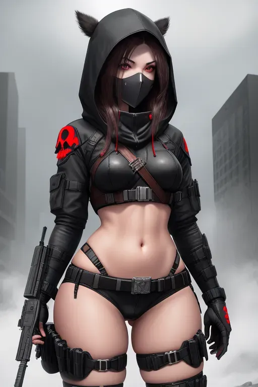 Red, black, white, grey, armor, kevlar, skull mask, hood, AK47 tactical assault rifle, tactical, cute, long brunette hair, short, curvy, small breasts, thin waist, thicc ass, full thighs, skull belt buckle, thong, wet pussy, aroused clit, crouching, hatchet attached to belt, menacing, death, dark, ghostly, night time, stormy, high definition, great lighting, 4k quality, five fingers per hand.