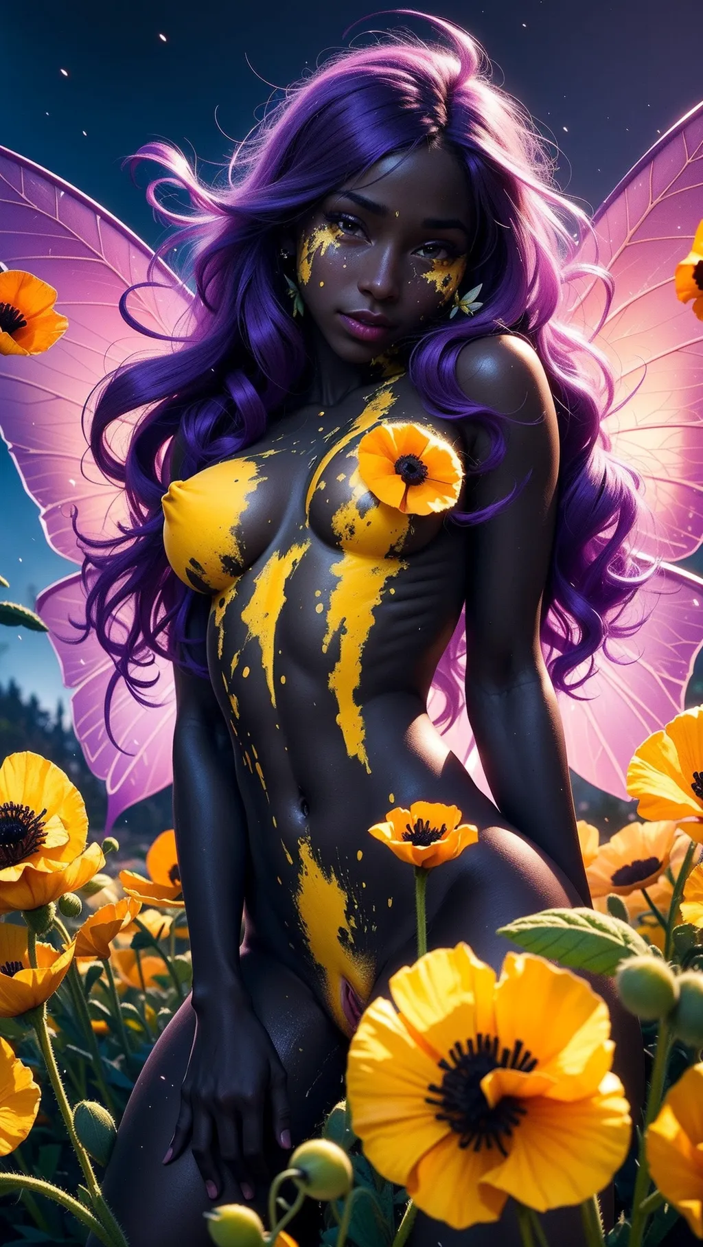 1 hot (((5 centimeters tall))) (fairy) (20 years old) (((naked))) is ((riding the yellow pistil of a poppy like a pistil-shaped dildo)) (in a meadow) at sunrise, she has a ((smile)), she has (((multiple yellow pollen powder stains))) on her breasts and on her stomach, she has (((black skin))), (nude), (perfect face), beautiful lips, ((perky f-cup breast)), beautiful (((vermilion)) eyes), (long messy ((purple)) hair), (((fairy wings))),
(((The pistil is deep in her pussy))). The dildo has a shape of a pistil.
dream atmosphere, ((sunrise light)), highly detailed, (cinematic lighting), ((cinematic composition)), five fingers per hand, 8k, vivid colours, HDR, digital professional photography