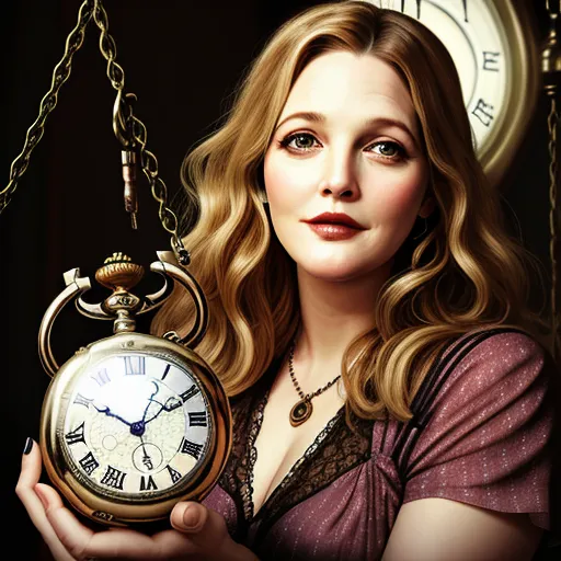 Drew Barrymore, hypnotized, sleepy, deeply entranced, drowsy, half-lidded eyes, looking at swinging pocketwatch