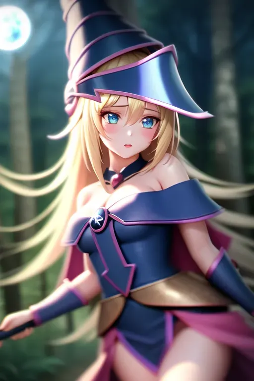 dark magician girl, mksks style, (very detailed background:1.0), (highly detailed background:1.0), masterpiece, best quality, (1girl), solo, (forest), long hair, blonde hair, blue headwear, wizard hat, spell casting, nature, trees:1.2, motion blur, magic, (moonlight:1.2), chromatic aberration, depth of field, soft lighting, highly detailed face, highly detailed eyes, <lora:dpmg_dark_magician:0.6>