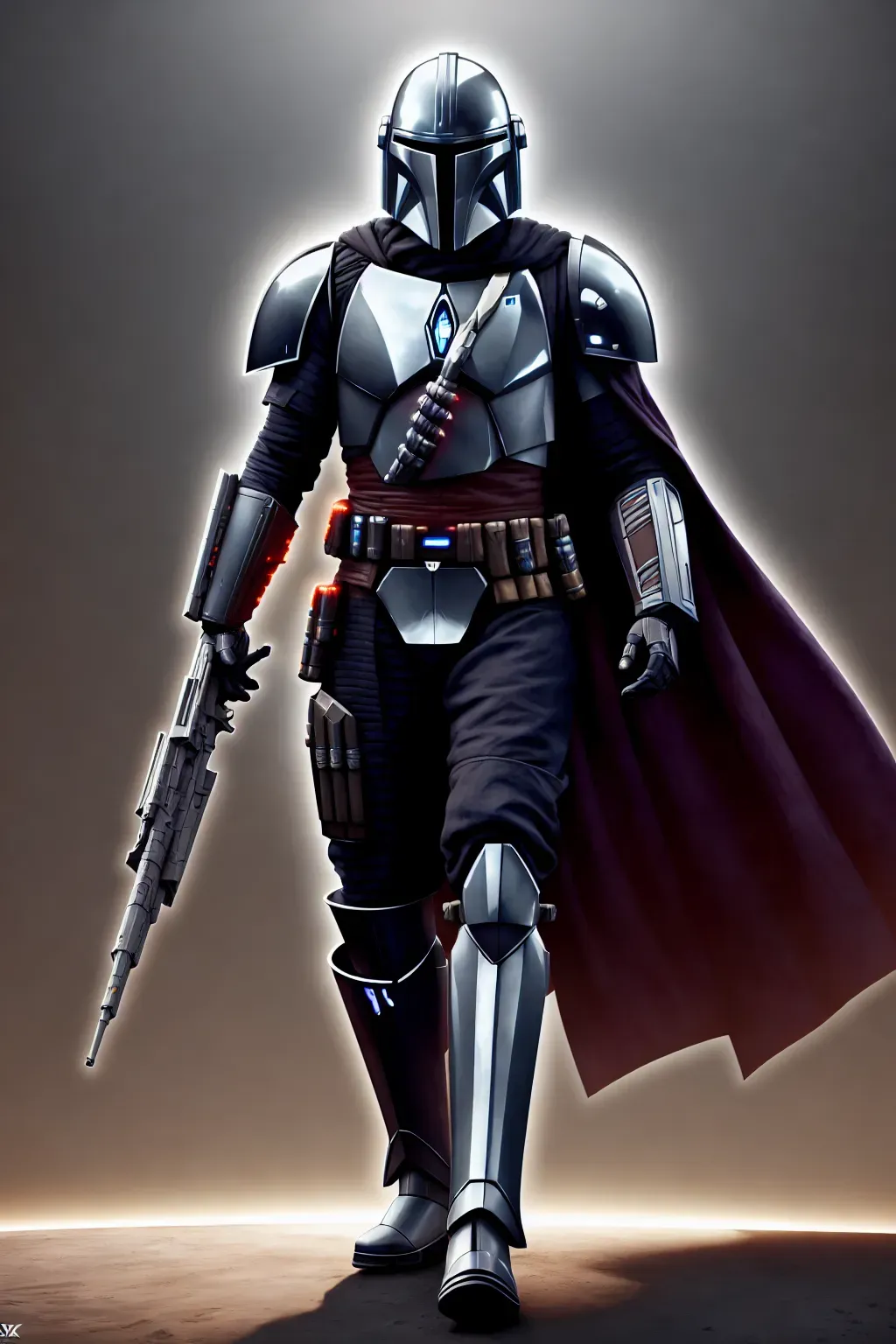 Cybernetic Warrior, Mandalorian, glowing accents, male, 8k wallpaper, best quality, ultra hd, global lighting, hi-resolution, high quality, highly detailed