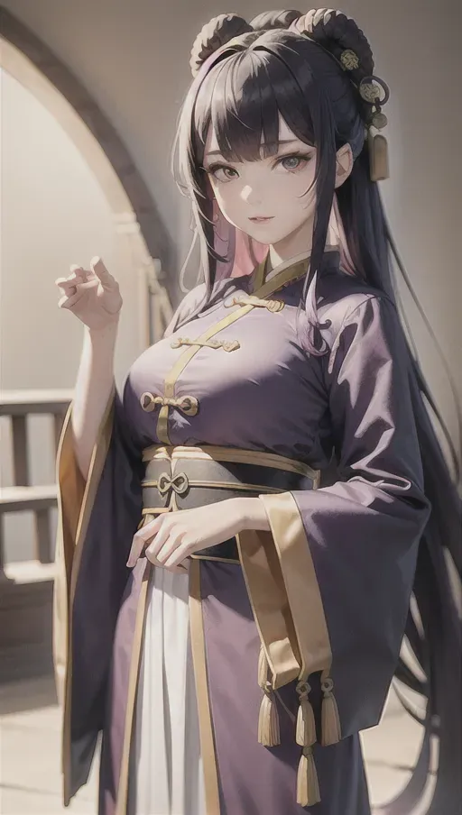 best quality, best quality,Amazing,clothes,(((masterpiece))),illustrationfrills, bestquality,detailed eyes,extremely detailed 8k wallpaper,beautiful,Purple hair,golden eyes,wear hanfu,in an ancient look of China,