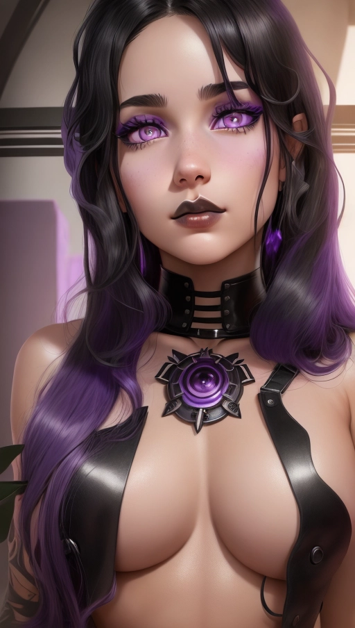 Young heavy metal woman, cute face, ((purple eyes)), rosy cheeks, dark olive skin, ((straight black hair)), heavy eyeshadow, tattoos, nude, small breasts, highly detailed skin textures, highly detailed eyes, blank white background, lip ring