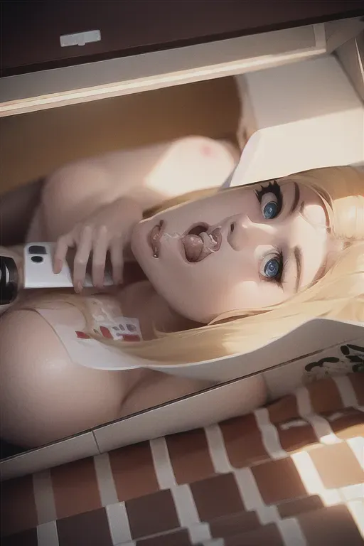 Masterpiece, Highly Detailed, film still, medium shot of female, blonde, blue eyes, athletic, busty, naked, sitting against wall, mouth open, cum leaking out of mouth, cum puddle next to her