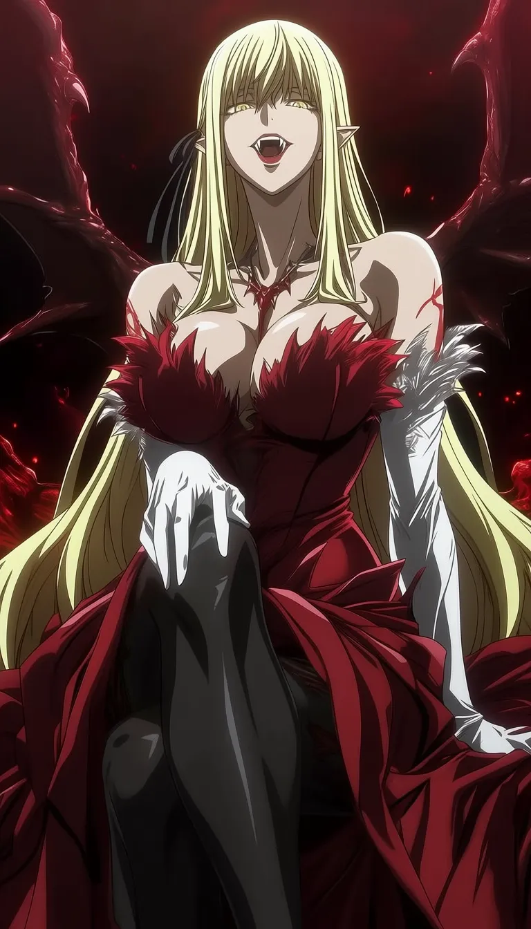 dark_art_style, kiss-shot acerola-orion heart-under-blade, very long hair, blonde hair, hair ribbon, yellow eyes, fangs, vampire red dress, vampire, bat wings, cleavage, white gloves, elbow gloves, black pantyhose, 1girl, solo, alone, masterpiece, highres