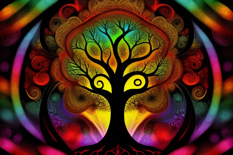 Black silhouette Tree of life, psychedelic background, fractal, swirling, magical, high quality
