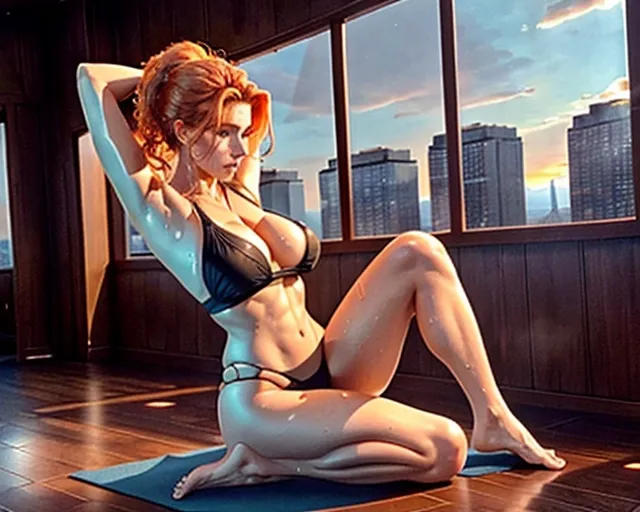 NSFW pos, A beautiful 40 year old adult female, Athletic, Naked, Toned Thighs and Calves, Sweating, Sweaty, Realistic Sweaty Cleavage, Damp Hair Sticking to Face, Curly Copper Blonde hair in a loose ponytail, Detailed Blue Eyes with Detailed Pupils, Erect Nipples, Shaved Vagina, Barefoot, inside a modern yoga studio with floor to ceiling glass windows, Sun Setting in the Distance