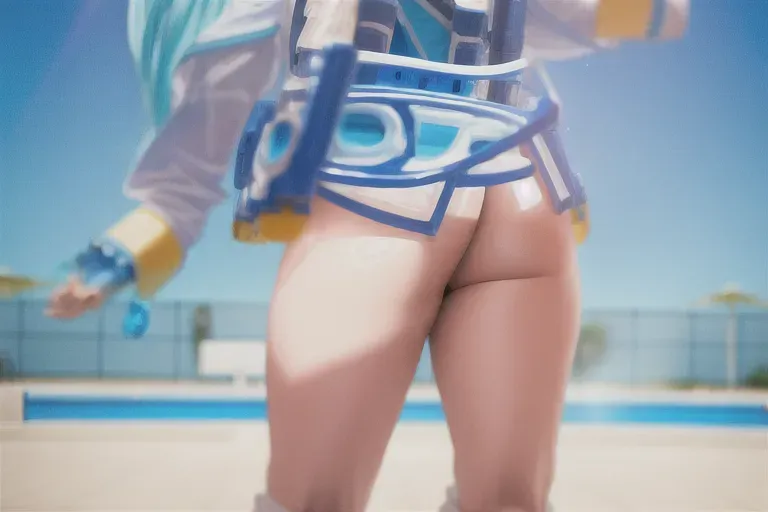 wide shot, 20 year old, an anime girl, insanely beautiful, naked, blue, pool, day time, sunlight, happy, 8k, professional