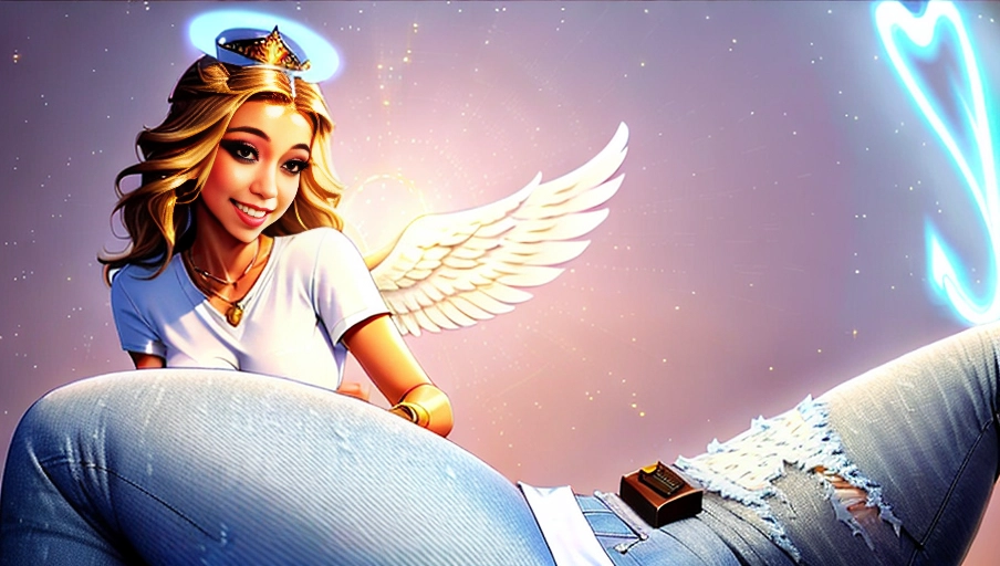 a 64k high detailed photo of body shot of straight Female Angelic HDR Professional ((In white shirt))) (((Has jeans))) Godly Ultra Detailed Best Quality Most Detailed ((Angel Wings)) Angelic Lighting Love Hope Magic casting Crown Smiling Queen happy Glory Warrior Angels Angelics Positivity Happiness ecstasy enraptured sweaty saving God Royalty Morality Goodness True Good Power Force Authority Ethical Saviour Halo short Hair Always and Forever Sentimental in heat hot ultra hot best best lighting tantric Neutral Brilliant Logical Compassionate Perfect Perfection Exciting Integrity Winged Courage Purity Harmony Beauty mark on upper lip ((Female)) ((Ethereal Lighting)) ((Celestial Lighting)) (((With Clothes))) ((With God Item)) (((God Tech))) (God Magic) with items of power God Wings ((Afterlife Light)) (Perfect Tits) (Perfect Ass) (Love Worship) ((Happy Expression)) ((smiling)) AJH True Happiness (Pleasure) (True Love) ((Angelic Hair)) ((Purity))