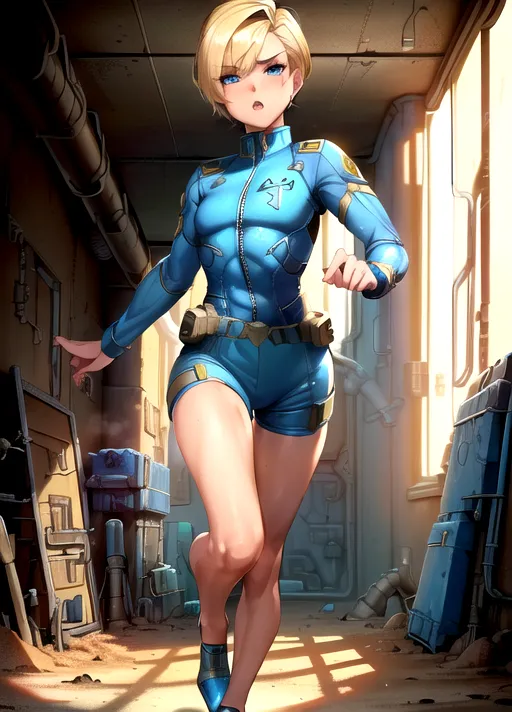 ultrarealistic image, masterwork, super high quality, character from fallout videogame, ((wearing blue vault dweller outfit from fallout videogame)), very detailed eyes, blonde hair half shaven,very detailed hair, very detailed face, ((extremely small waist)), long legs, very skinny body, action pose,((nuclear wasteland in background))