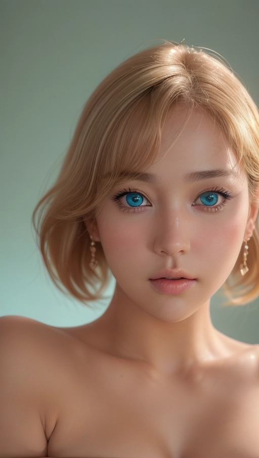 A high resolution photo shot of ultra detailed, ultra detailed skin, Adult glamorous woman, masterpiece, (realistic, photo-realistic:1.37), gorgeous face, blue eyes, rosy cheeks, tanned skin, short blond hair, heavy eyeshadow, tattoos, nude, medium breasts, bright lips, highly detailed skin textures, highly detailed eyes, blank green background, heavy body, fat face, ((chubby cheeks)), professional photograph, dramatic lighting,