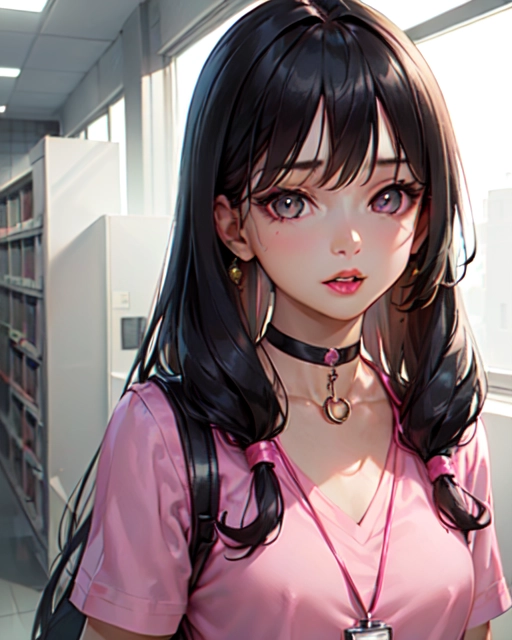 photorealistic, 8k, accurate face, (((detailed face))), (((replicate inspiration face))), full figure shot, shining eyes, female face, cute, 21 years old gorgeous, luxuriously long black hair, lipstick, bangs, small breasts, choker, necklace, pendant,
wearing pink scrubs outfit, in locker room,