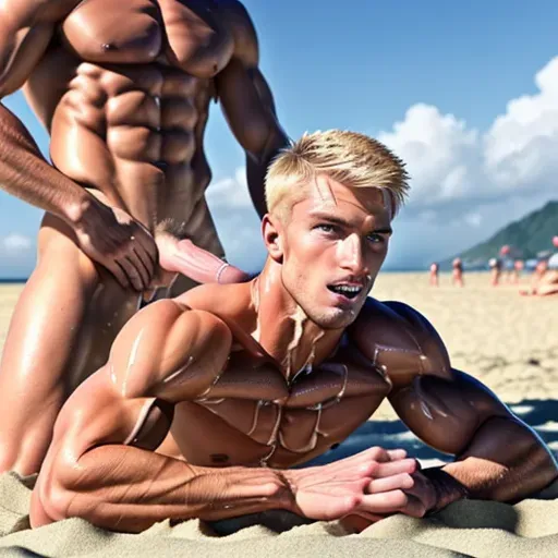 (2 men), athletic, slim, handsome, dirty blonde, short hair, small ass, small muscles, facing camera, (abs), kneeling, speedo, beach volley, (cum on body), (cum on face), muscular arms, fitness, (oiled), full body view, (bukkake), big cock, <lora:dpmg_wet_hair:0.11>, <lora:dpmg_fucked_from_behind:1>, <lora:dpmg_add_detail:0.5> dpmg_face_cum_v1