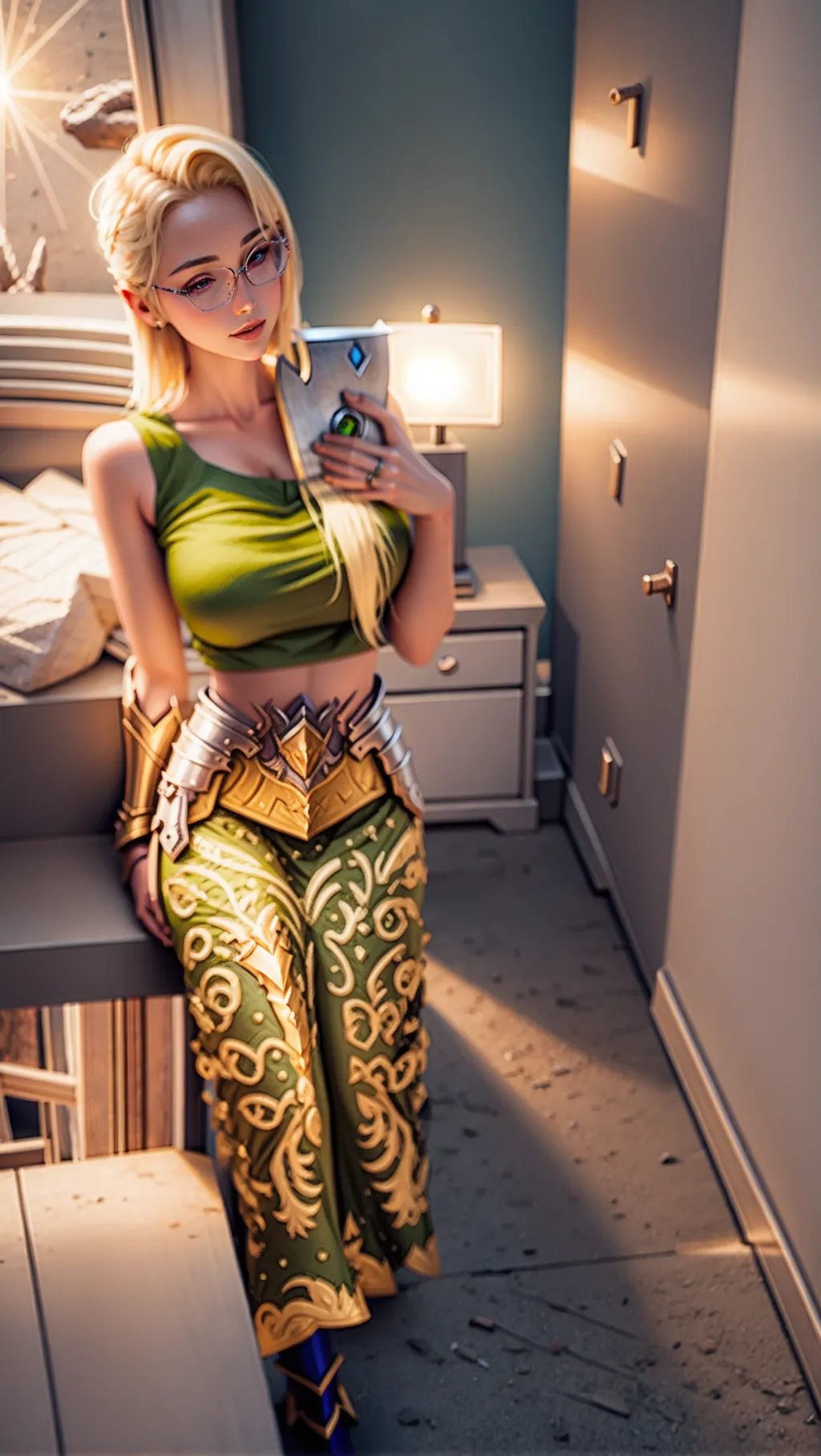 Elf paladin with big breast, long legs that are exposed and show off her thighs, short blonde hair, wearing skimpy armour that reveals her big breast, welding a great axe