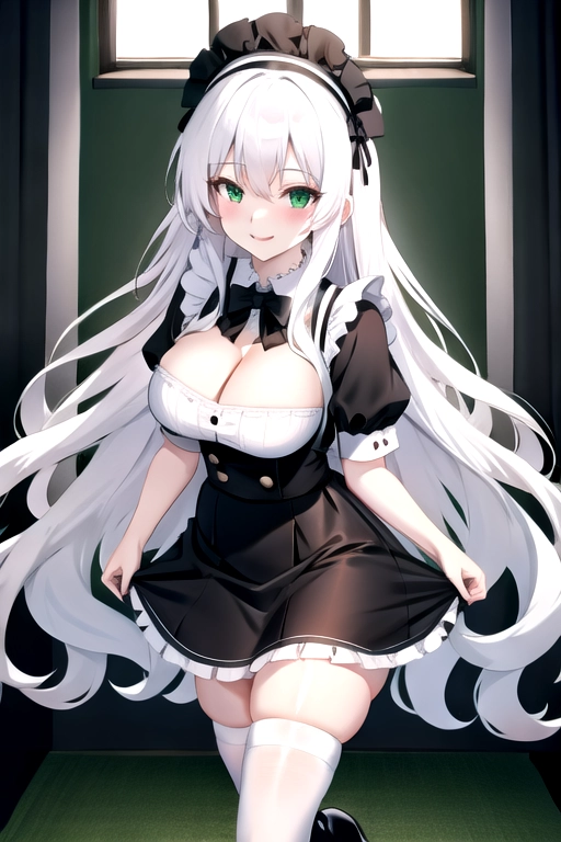 8k quality, green eyes, pale white skin, white hair, giant breasts, cleavage, looking at viewer, pov, long hair, wavy hair, full body photo, standing in room, smiling, black maid uniform, miniskirt, high heels, black knee high boots, black choker