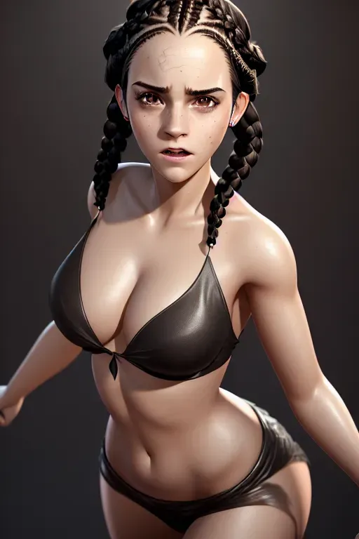 a realistic concept art of, emma watson, angry, ((accurate face)), ((accurate face)), show full body, sexy pose, sperm on face, sperm on breasts, (large breasts), five slender fingers, black hair, (((short hairstyle, braids))), beautiful face,beautiful lips,detailed large eyes,curved eyebrows,cinematic lighting,studio lighting,professional,editorial