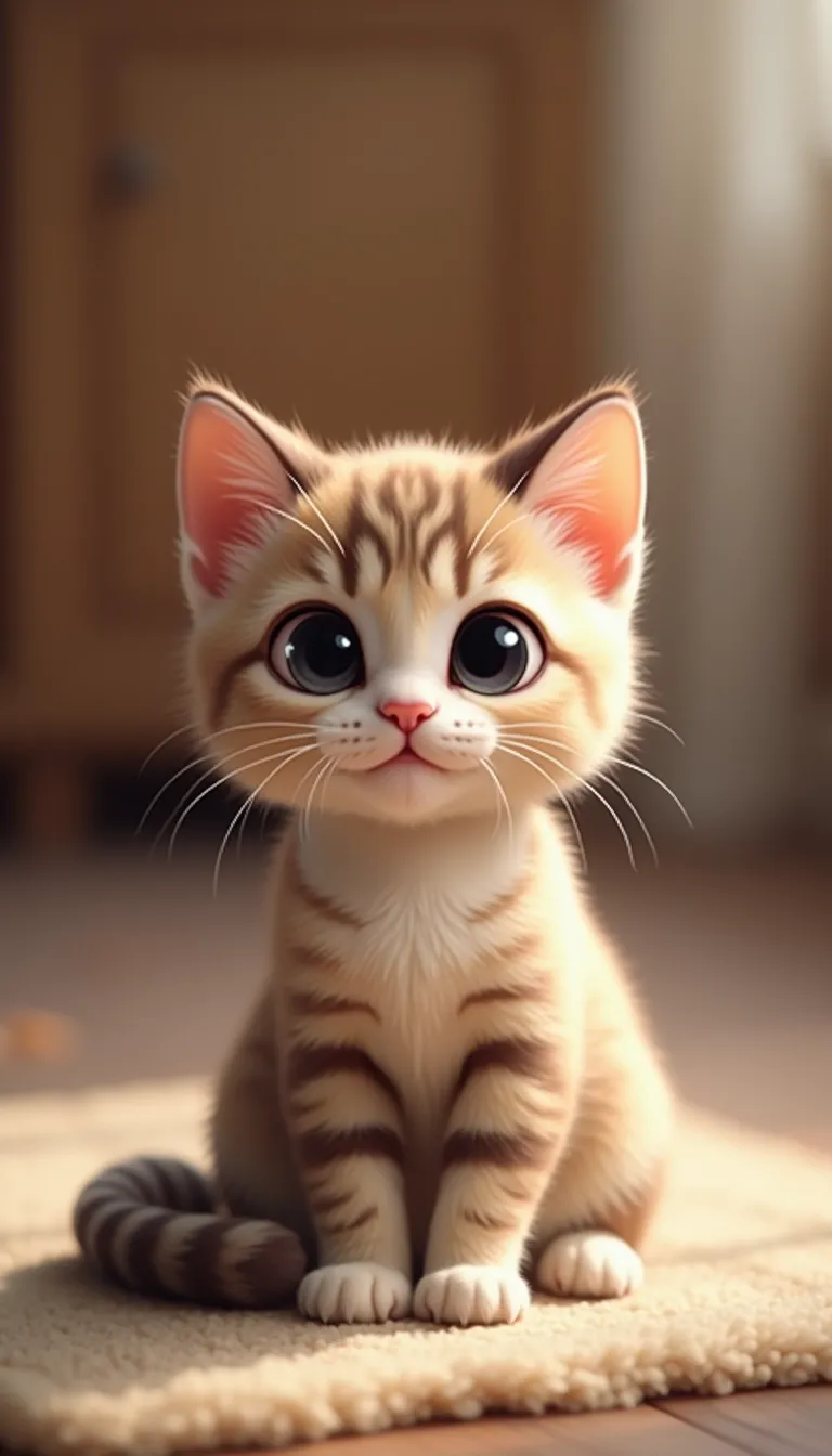 A cute cat sitting gracefully, with big expressive eyes and a fluffy tail curled around its paws. The background is softly blurred, featuring a cozy indoor setting with warm lighting. The cat has a playful expression, with its ears perked up and a slight tilt to its head. The fur is detailed, showing subtle variations in color and texture. The composition follows a 9:16 aspect ratio, perfect for a portrait-oriented image, with the cat centered to draw focus. The style is realistic with a touch of whimsy, enhancing the cat's adorable features.