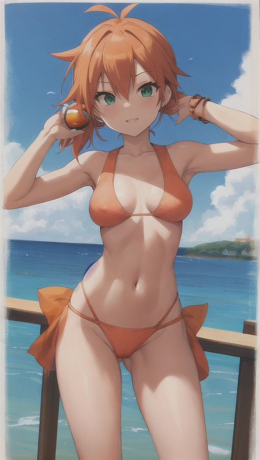 (((orange haired Misty from Pokemon outdoors ))) (((wearing string Monokini holding a pokeball))) (((hair in side ponytail))), (((no hat)))(((no panty))), (((no bra))), (((28A-28-30))), (((A cup boobs))), (((ultra skinny))), (((green eyes))), bright orange hair, (((more upturned nipples))), (((25 years old))), (((bare chest))), younger, cameltoe, narrow hips, lolita, (athletic body), (((extremely slim body))), shiny body, ((detailed skin)),