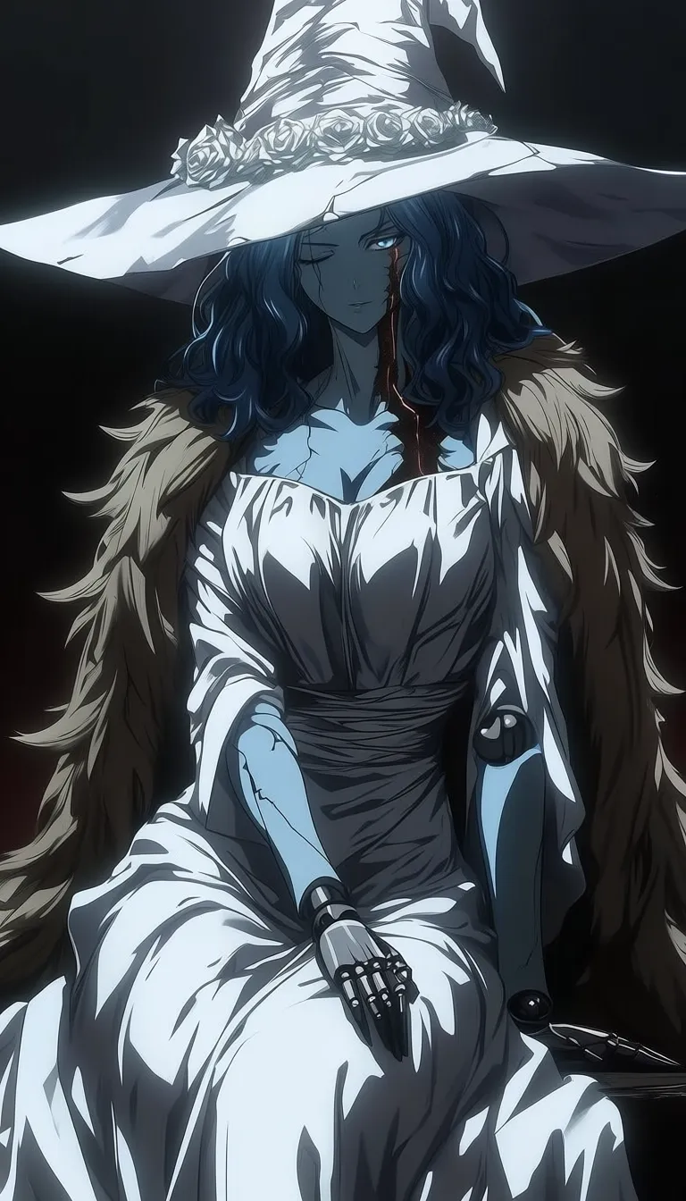 dark_art_style, (ranni_the_witch:0.6), blue eyes, one eye closed, blue hair, wavy hair, blue skin, colored skin, cracked skin, doll joints, witch hat, large hat, white headwear, white dress, long sleeves, fur cloak, brown cloak, masterpiece, highres