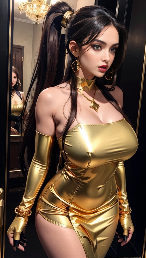 best quality, (((ultra high res))), (((detailed face and eyes))), (perfect face), big shining heart choker, earrings, jewelry, ((long voluminous hair)), (((black gloves))), ((brown hair)), straight hair, (((golden bracelet))), ((single ponytail)), (((huge hair cuff))), ((skintight dress)), purple, (lipstick), ((((neckholder top)))), (((skintight))), ((entrance of old mansion)), hourglass figure, ((neckholder)), ((boots))