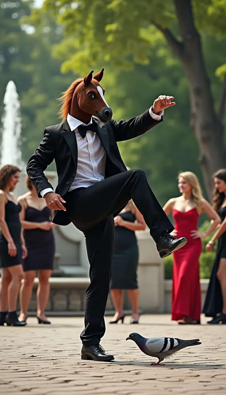 cool Kick dancer, adored by the entourage of sassy ladies, parkland with fountain, man wearing a horsehead mask and black gown in the background disrespecting an obnoxious pigeon