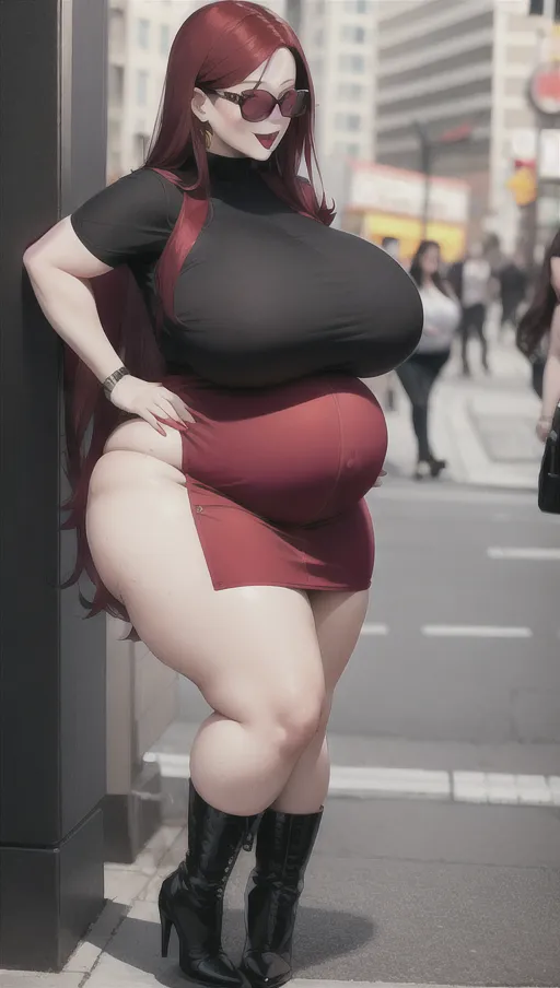 Dark red hair, sexy glasses,Sexy women ,big boobs,pregnant gigantic belly,fat belly and fat boobs,weight gain, gigantic fat belly,fat belly ,huge pumped up belly, black mini skirt, black high heels boots,sex,nude boobs, in a city, people mass, <lora:dpmg_pov_Big_fat_belly:1>,