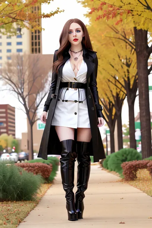 full body, chestnut hair, green eyes, short girl, black miniskirt, black high heel boots, red trench coat, looking at viewer, long hair, pale skin, black necklace, black blouse, 24 years old, giant breasts, cute face, pov, wavy hair, city environment, Oklahoma City