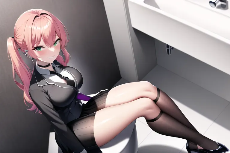best quality, 1girl, grin, (barbell piercing), looking at viewer, collared shirt, black choker, necktie, skirt, bathroom, sitting on toilet, marin_kitagawa_v1
