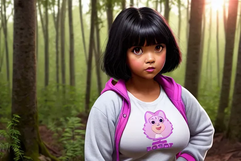 ((Dora the Explorer)), pretty face, open nipples, cum on boobs, more thick cum, beautiful female body, smooth lines, blush, photo sexy pose, beauty hairs, sexy sweatshirts, blush on cheeks, pretty patterns huge halo over head, many accessories, body wet, center forest, sunrises, (photography, photorealistic, rtx, hbao, details, artstation), Dora the Explorer watermark