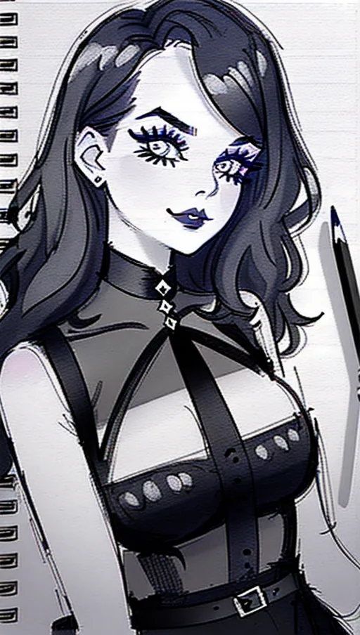 sketch of beautiful goth girl taking selfie, pencil sketch on lined paper, art, rapid pencil sketch, guide lines visible, no shading, pencil sketch of woman, pencil sketch of goth, realistic drawing, true to life, lined paper sketch,