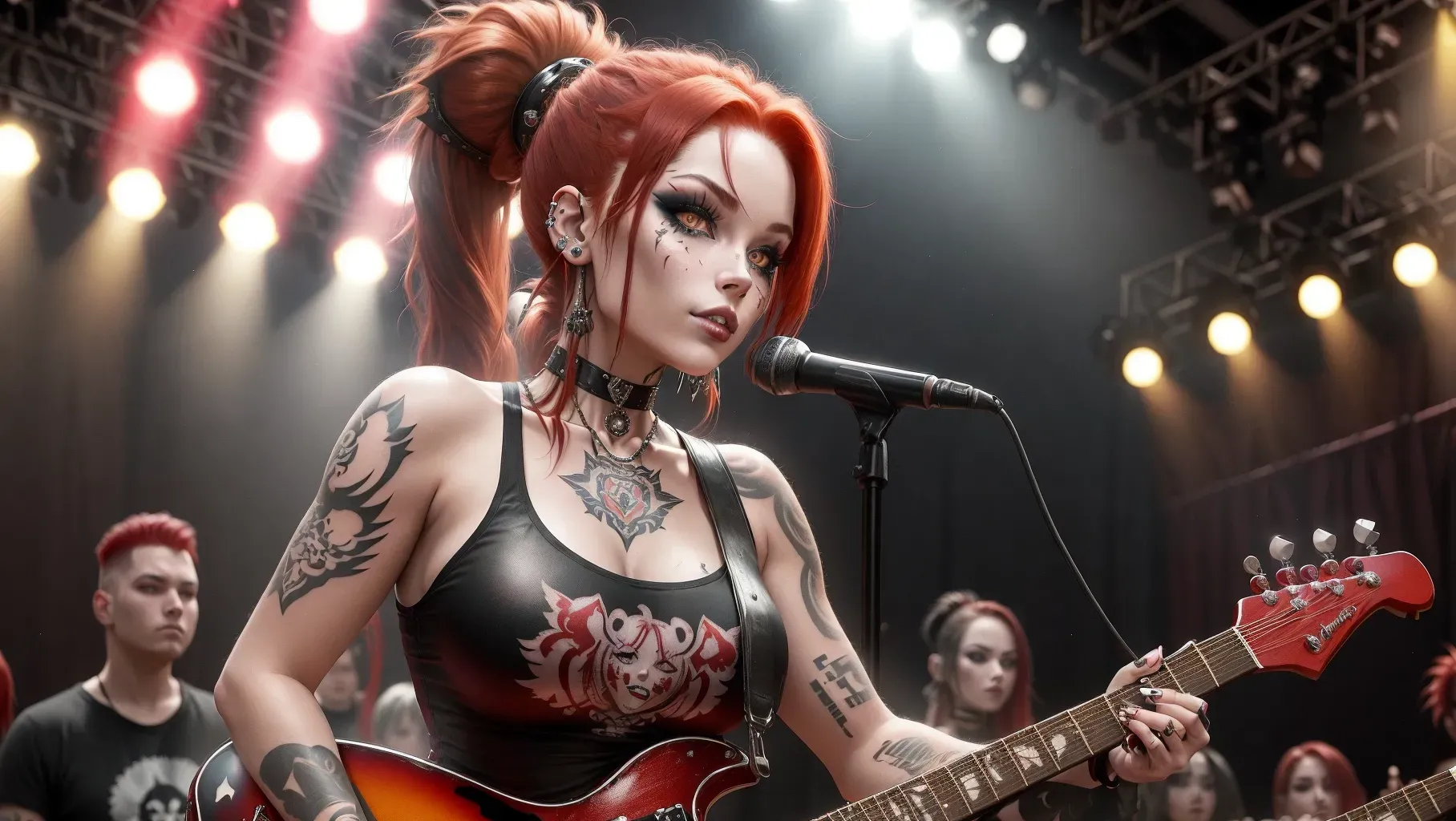 Young metal woman, cute face, tattoos, straight red hair, sitting on stage, messy eyeshadow, band top, looking at crowd, neckline, choker, piercings, ponytail, blowing a kiss, metal band in the background, pretty lips, viewing from a distance, average sized breasts, full body shot,