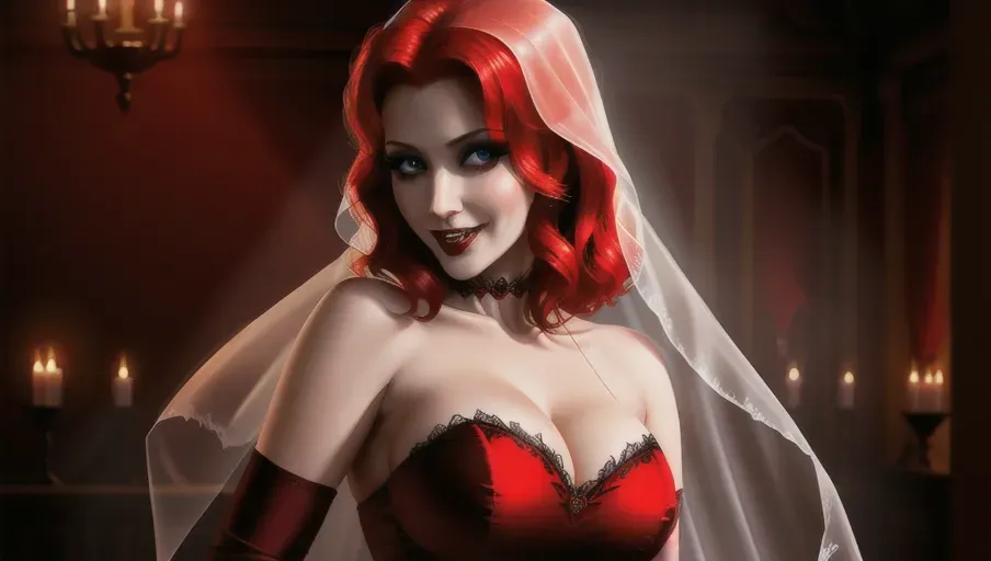 medium shot of the sexy vampire vixens of Dracula hungerly at an erotic party with their redheaded hypnotized innocent victim. Drinking, dancing, kissing her lips, her neck, her breasts, seducing their hypnotized victim, placing upon her head a shadowy veil. on a foggy moonlit night in the shadowy ballroom of a decerped old castle. Beautiful redhead still human victim early mid-thirties moderate breasts good sweet innocent, big soft round eyes, warm smile Anna of Arendelle in an elegant Nordic ballgown.
photorealistic. High resolution