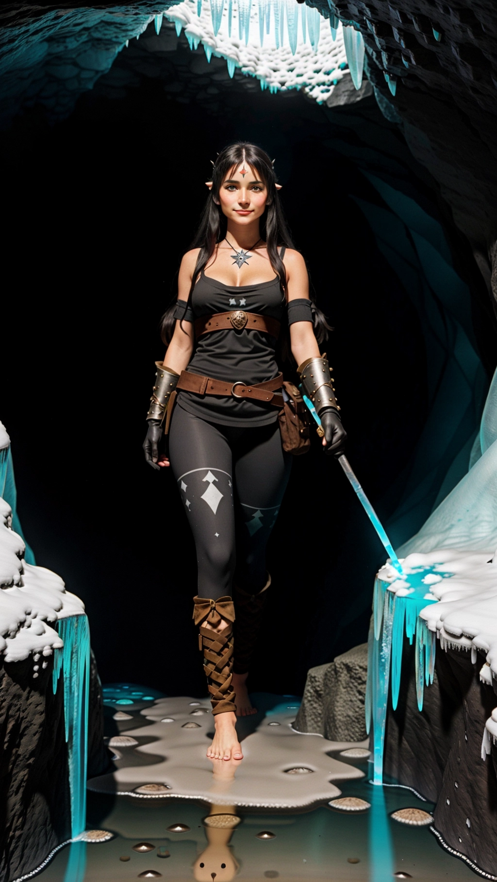 full-body image of a fit tan thin beautiful barefoot German adventurer woman with long hair wearing medieval adventurer attire while exploring an ice cave, (beautiful petite feminine feet: 1.2), (barefoot: 1.3), (wearing black medieval adventurer attire: 1.2), (long dark hair: 1.2), (German woman: 1.3), (ice cave: 1.4), (black toenails: 1.2), (gloves: 1.2), (tights: 1.2), (magic markings on feet: 1.3), (sassy smirk: 1.2),