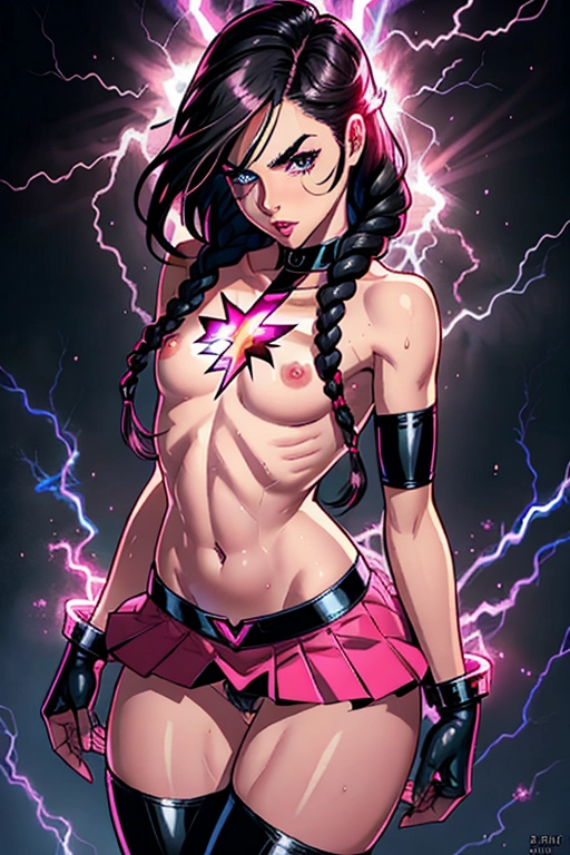 Superhero, sweet, submissive, cute, seducing me, shoulder length braided brunette hair, heavy eyebrows, small nose, blushing full cheeks, full lips, medium breasts, pink and black one piece skirt uniform, lightning emblem on chest, some tummy, full thighs, thick ass, naked, spread ass, throbbing anus, aroused wet vagina, aroused clit, thigh high boots, flying, lightning, ((high definition)), ((4k quality)), ((excellent lighting)), ((great shading)), ((pristine detail)), ((really clear picture)), ((beautiful vibrant colors)), ((accurate at lower prompt guidence)), ((ultra realistic)), (((five fingers per hand))), (((two arms per person))), (((two legs per person)))