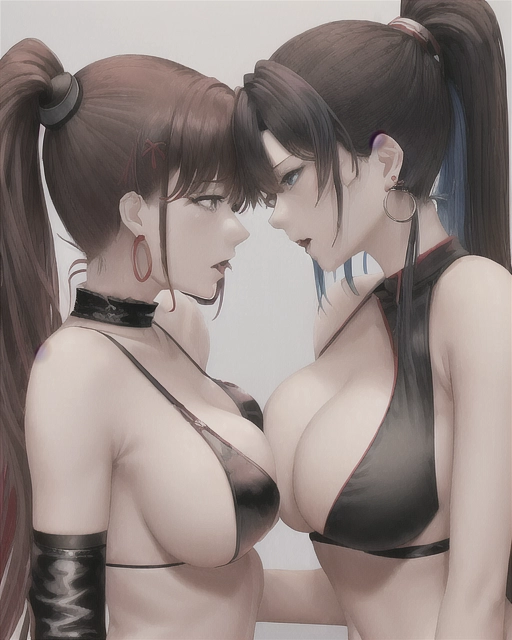 2girls, 20 years old, NSFW, saigado 2girls,yuri kiss, deep kiss, tongue kiss, NSFW, 1girl Mai Shiranui, on left side of frame, 165cm tall large breasts, brown eyes, long brown hair, bangs, white kunoichi hairpin, ponytail, large breasts, topless, arm guards, gloves, tabi, black and red folding fan, 1girl, leona heidern, 176cm tall, on right side of frame, blue hair, blue eyes, ponytail, midriff, topless, black gloves, breasts, black camouflage pants, earrings, jewelry, navel, medium breasts <lora:yuri_kiss:1>