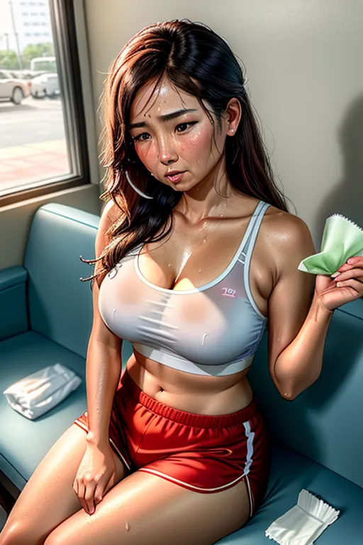 photorealistic, extremely detailed, best quality, realistic, photograph of a 30 year old Thai woman sitting in the waiting room at a doctor office, exactly one woman, (((she is goong to sneeze))), she feels sick and has a fever, very long messy hair, wearing skintight athletic shorts and a low cut sports bra, natural 34c breasts, cleavage, flushed face, bronze skin, large nose, very red nose, wet runny nose, watery eyes, very sweaty, eyes half closed, holding a crumpled wet tissue in one hand, holding a packet tissues in the other hand