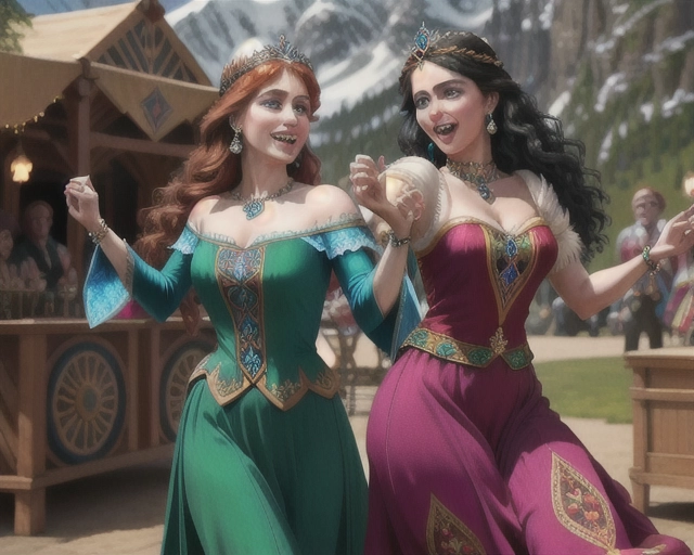 Beautiful Queen Anna of Arendelle auburn hair flowing free unbraided big blue eyes sparkling with excitement festively dressed celebrating the Festival of Fools with her new friend beautiful black hair dark tanned green eyed Romani gypsy tambourine dancer Esmerelda. Photorealistic.