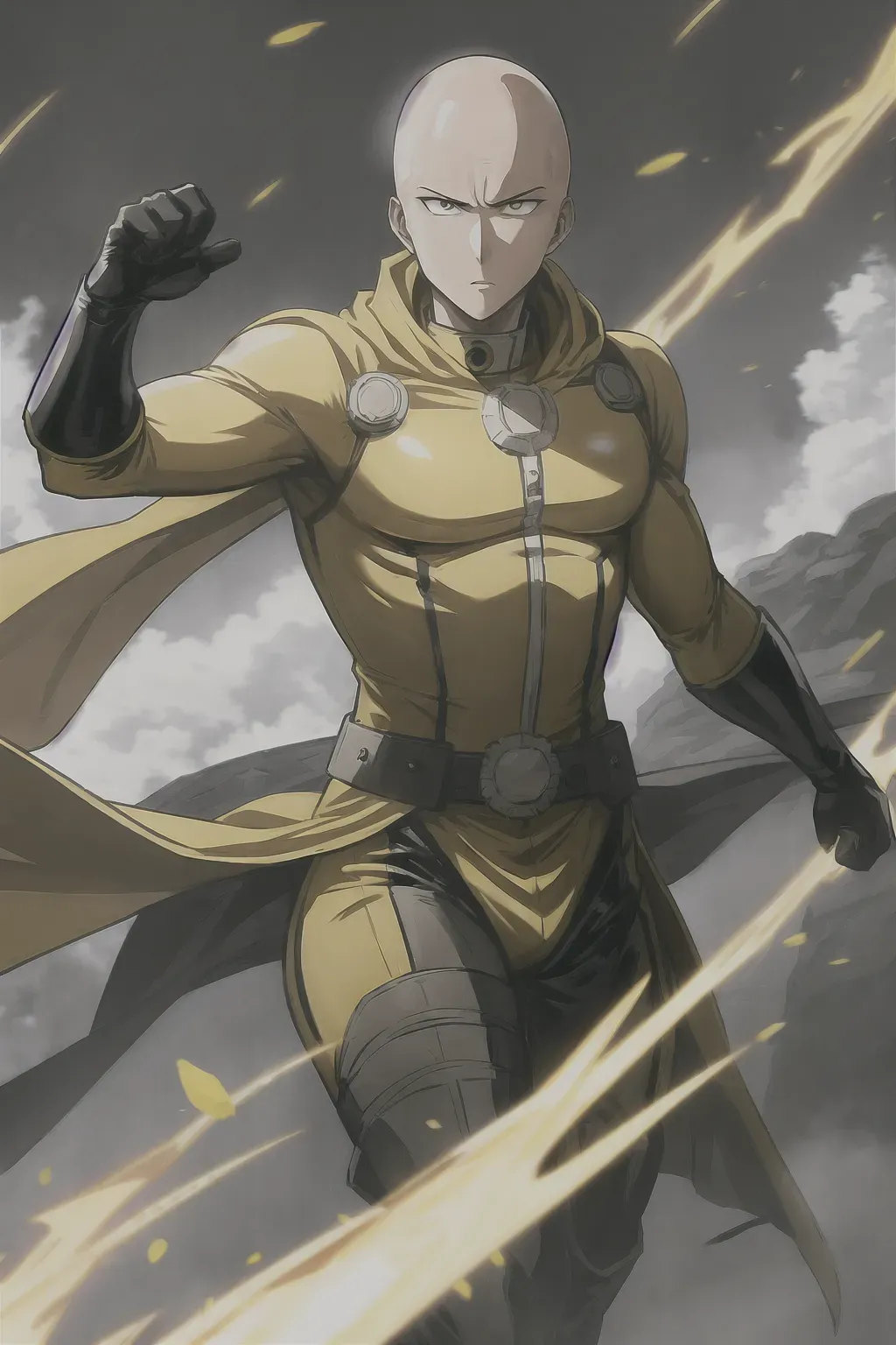 Dopamine Girl - One punch man, anime, bald head, 8k wallpaper, black eyes,  best quality, ultra hd, global lighting, hi-resolution, high quality,  yellow costume, white cape, red gloves, red boots, fighting stance