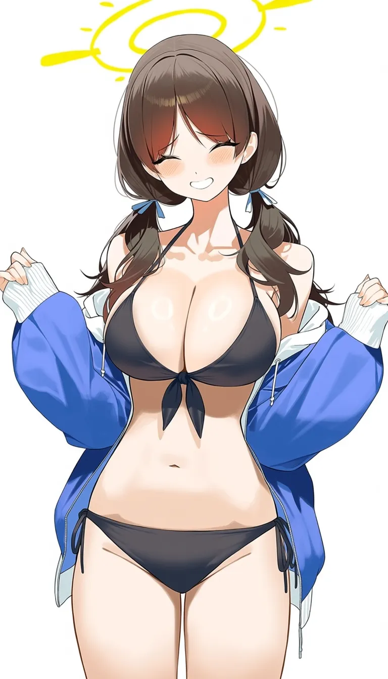 1. Begin with a white background. 2. Draw a girl in a black bikini, including a front-tie top and side-tie bottoms, showing off her navel and large breasts. 3. Give the girl brown hair styled in low twin tails. 4. Add a subtle blush on her cheeks, and a smile on her face. 5. Place a yellow halo above her head. 6. Dress her in a blue hoodie with long sleeves, but the hood is down. 7. Make sure to use a clean, vibrant art style akin to that of @pro-p.