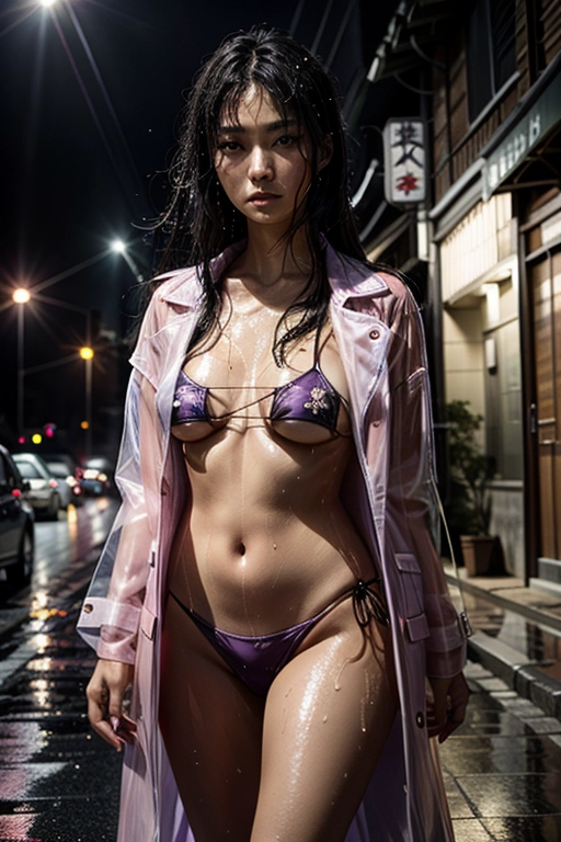 close up photograph of a sexy Japanese girl in scanty clothing, (walking in the dark dark on a rainy city street), neon lights,
(photorealistic:1.4), (masterpiece:1.4), (best quality:1.4), ultra high res, bokeh, ((detailed facial features)), professional photograph of beautiful confident 20 year old Japanese female, very slim athletic body, blonde hair tinged pink, (transparent raincoat:1.1), <lora:eyepatch_bikini:0.9>, (wet shining skin:1.1), <lora:dpmg_wet_hair:0.5>
(best quality), ((extremely accurate face)), <lora:dpmg_add_detail:0.7>, (high resolution), dynamic, (((masterpiece))), (uhd), (8k),