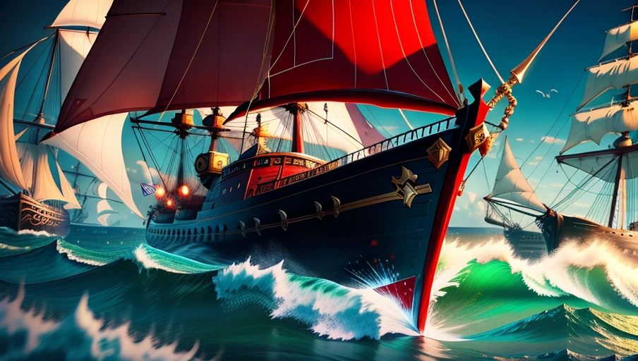 Miss Fortune league of legends
night time
green eyes
pirate ship battle
8k
ultra realistic picture
dark red bikini
small tatoo
cape