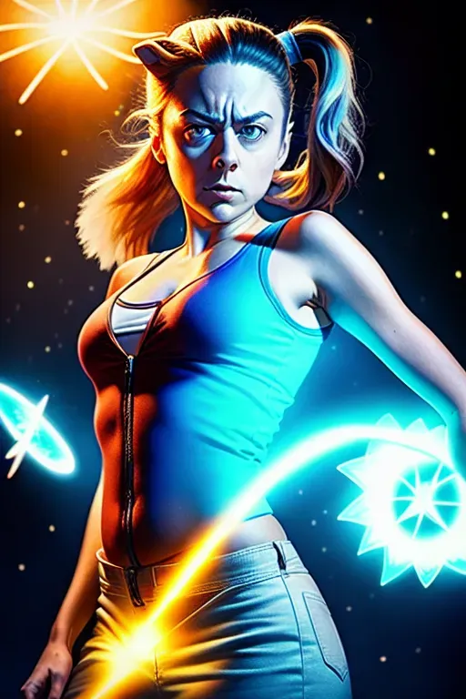hyper-realism sexy young Photo of Summer Smith with a pony tail and a multidimensional portal gun from the rick and Morty show