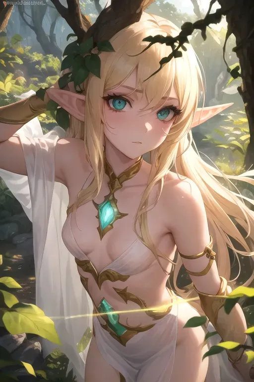 masterpiece, absurdres, perfect edges, ultra realistic, perfect anatomy, realistic skin texture, (soft lighting), (soft white glow), hair with great details, face photorealistic,
blonde elf woman, fishtail hair, dark green eyes, deep eyes, long lashes, perfect eyes, dark brown eyeshadow,
lustful expression, looking at the viewer,
wearing translucent white draping robes, cleavage, ((small breasts)),
elven tree house, forest, battle pose,