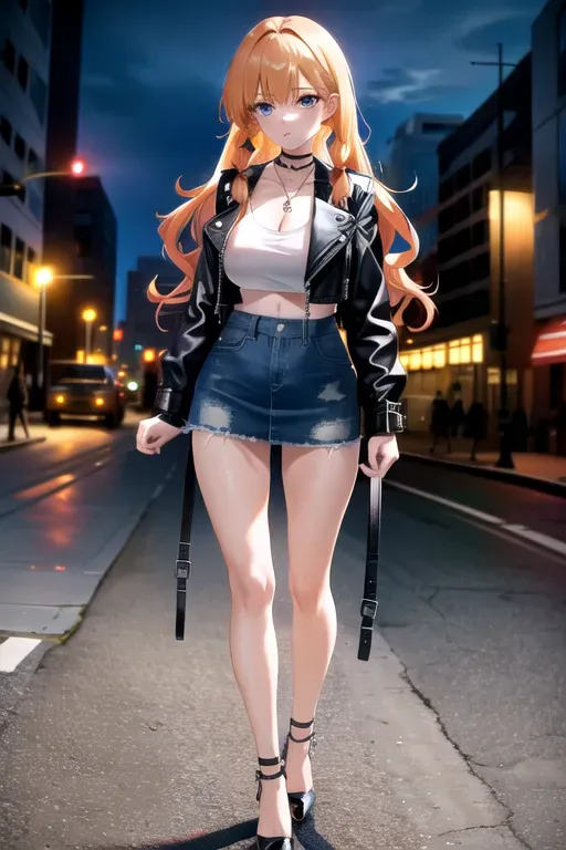 full body, strawberry blonde hair, hazel eyes, short girl, denim miniskirt, black high heels, looking at viewer, long hair, pale skin, silver necklace, black crop top, 24 years old, giant breasts, cute face, pov, wavy hair, city environment, Oklahoma City, wide eyes, erotic, skirt tug, leather jacket, nighttime, black backpack, slim body, low pigtails